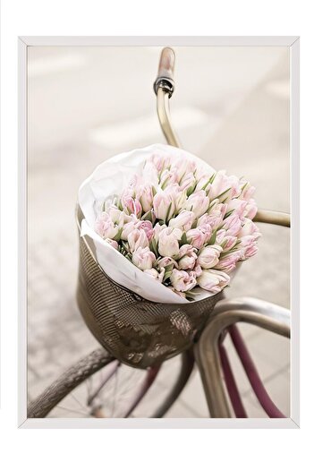 Postifull Pink Tulips on Bicycle Framed Painting, Vertical Wall Painting Comfort Series No:108387