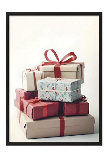Postifull Pile of Presents New Year Painting, Black Frame and Poster, Wall Painting Comfort Series No:108476