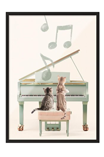 Postifull Cats Playing Piano Framed Painting, Black Frame and Poster, Wall Painting Comfort Series No:108440