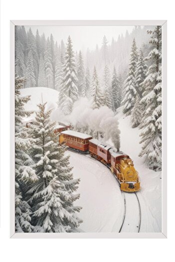 Postifull Holiday Train New Year Painting, White Frame and Poster, Vertical Wall Painting Comfort Series No:108470