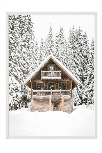 Postifull Holiday Cabin Framed Painting, White Frame and Poster, Vertical Wall Painting Comfort Series No:108513