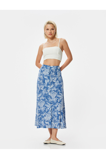 Koton Floral Patterned Linen Midi Skirt - Buttoned