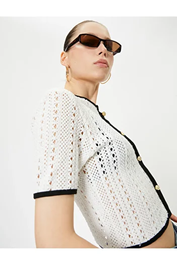 Koton Openwork Crochet Blouse Buttoned Short Sleeve Round Neck