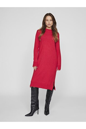 VILA Knielanges langärmeliges Rundhalsausschnitt-Kleid