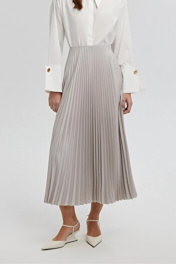 MİZAN MODA Women's Elastic Waist Leather Look Pleated Skirt