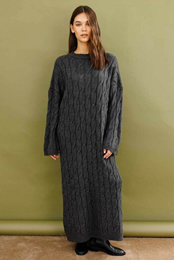 Hooopstore Anthracite Knitwear Dress with Hair Knit Motif
