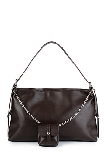 minebag Sicily Bitter Brown Faux Leather Charm Women's Shoulder Bag