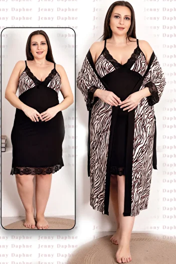 Jenny Daphne Zebra Print Viscose Luxury Nightgown and Dressing Gown Set - Inner Zero Sleeve, Top Half Sleeve 19218