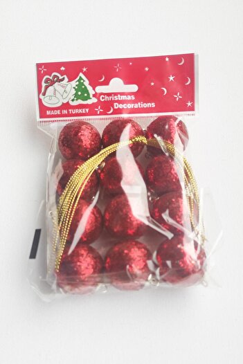 Patladı Gitti New Year's Red Colored 3cm Glitter Styrofoam Ball Tree Ornament - Pack of 12