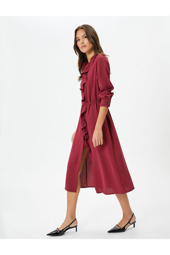 Koton Midi-Kleid mit Rüschen, langen Ärmeln, Knopfleiste und Taillenschnürung