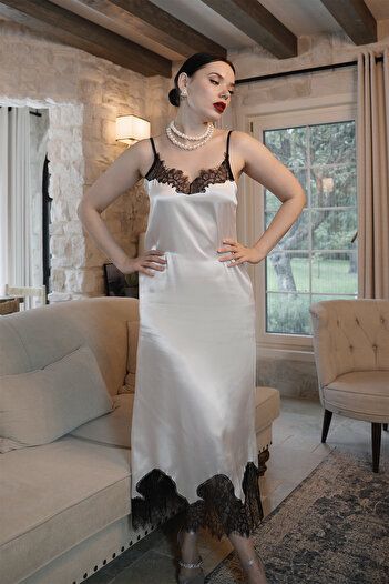Mita Concept Ekru Satin Black Lace Nightgown