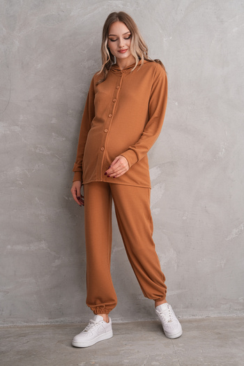 Miss Dünya Lissa Pregnant and Maternity Bottom-Top Suit with Front Button Hood Corded Twist Fabric Pockets and Elastic Legs