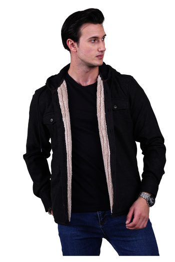 Exve Exclusive Anthracite Gray Single Color Plain Plain Hooded Wool Fur Inside Winter Woodcutter Jacket Shirt