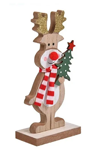 Sole Christmas Ornament Decorative - Deer Figure with Glitter Horn, Pine Tree and Wooden Scarf - 15C