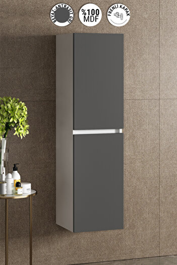 ÖZCEDEN Yıldız 35*130 cm Beyaz-Antrasit Gri Mat MDF Asma Banyo Boy Dolabı
