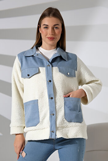 Butik Beyza Denim Detailed Plush Coat
