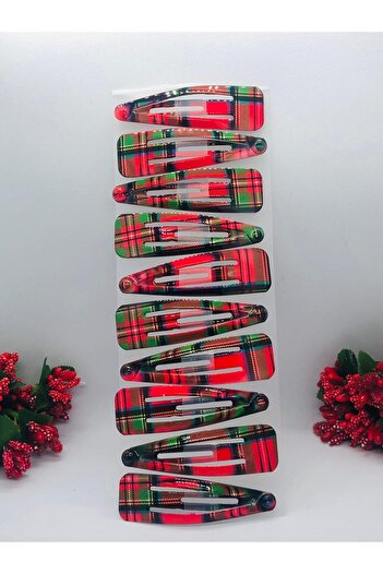 İnDerin Red Plaid Patterned Snap 10-Piece Hair Clip