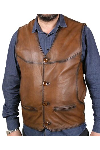 Sanalbolluk Black Stripe Drawn Leather Vest on Tan