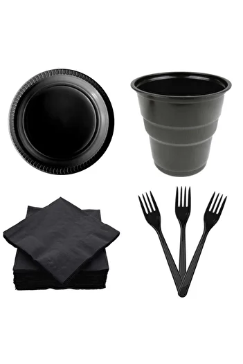 asöy Birthday Disposable Plate Cup Black Color Fork Napkin Set Disposable 95 Pieces Full Set for 25