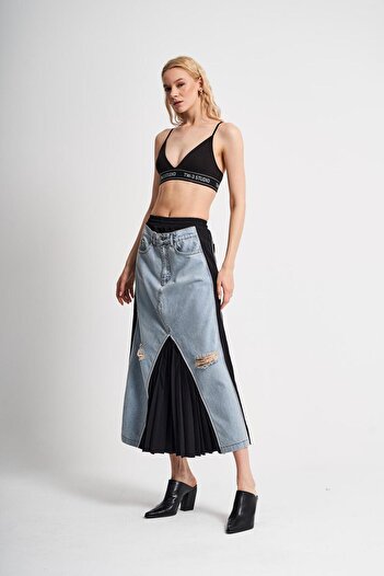 tw3 Fusta plisată cu detaliu din denim