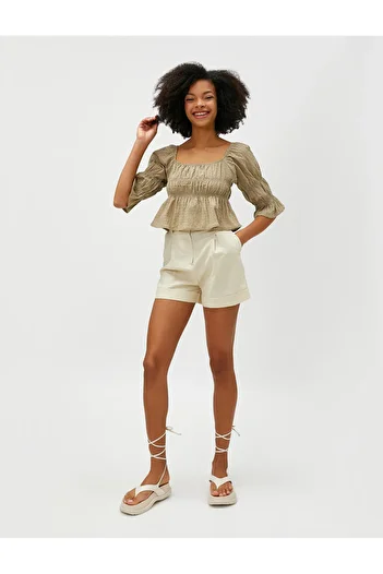 Koton Cotton Crop Blouse - Square Collar and Drawstring Design