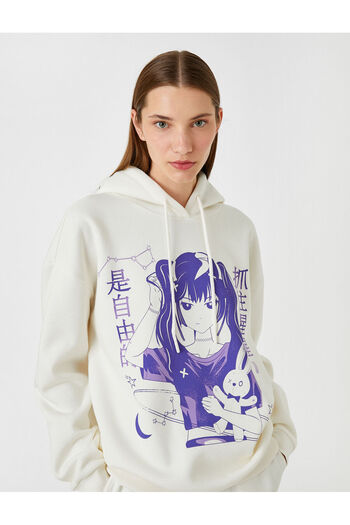 Koton Hooded Printed Sweatshirt with Fleece Inside