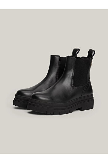 Tommy Hilfiger Kadın Rahat Taban Deri Düz Taban Siyah Bot & Bootie FW0FW08448-BDS