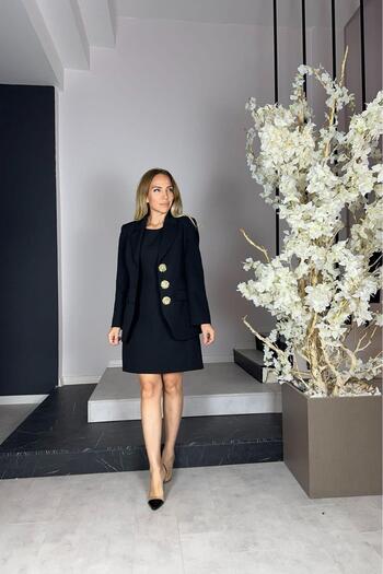 gesmoda G1174 Black Dress and Jacket Set - Button Detail