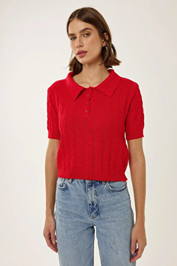Hiccup Hair Knit Patterned Polo Neck Knitwear Top
