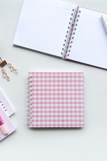 Martius Art 15X15 cm Square Hard Cover Spiral Checkered Notepad / School Notebook Pink Gingham Pattern