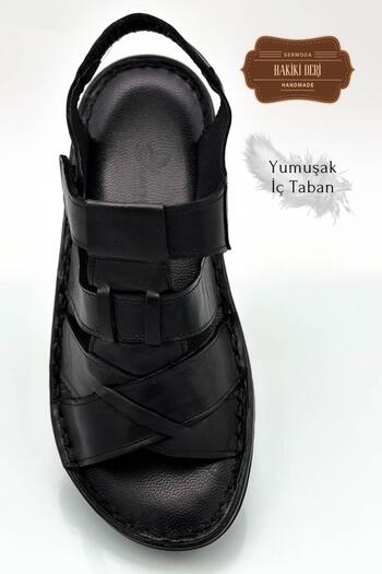Moda Anna Men's Sandals - Genuine Leather, Velcro, Black Cross