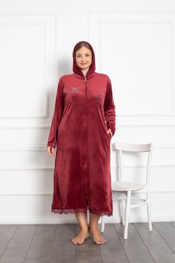 Lady Lingerie Plus Size Velvet Red Hooded Zipper Maxi Length Dress