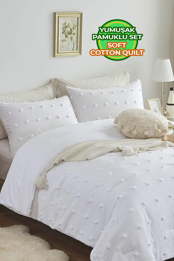 Evlen Home Collection Emmy Embossed Cotton Bedspread - Double Boho Set with Tufting Detail, White Cream