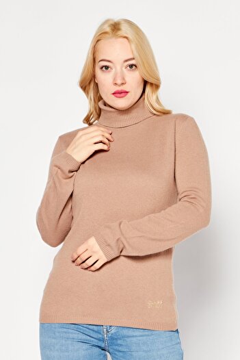 Cavalli Class Women High Neck Long Sleeve Brand Logo Sweater, Tan