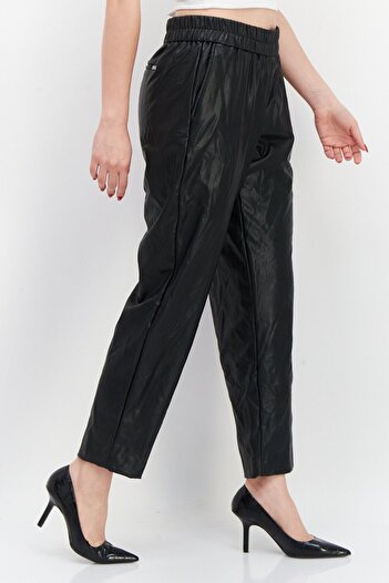 Anne Klein Women Plain Pull On Faux-Leather Pant, Black