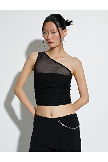 Koton One Shoulder Crop Top Tulle Detailed Draped