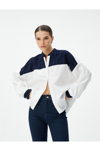 Koton Popelínová košile s dlouhým rukávem Hlavní límec Tweed Detailed Buttoned