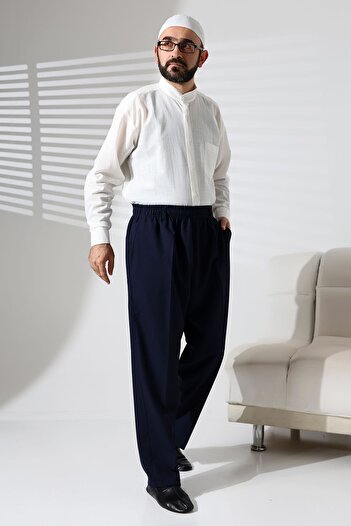 ihvan online Men's Elastic Waist Pocket Winter Wool Effect Fabric Baggy Trousers - Navy Blue (Isr)