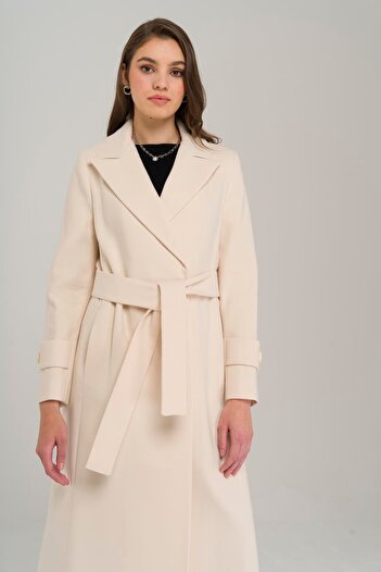 Olcay Belted Waist, Sleeve Placket, Snap Closure Mid-Length Coat EKRU 3912