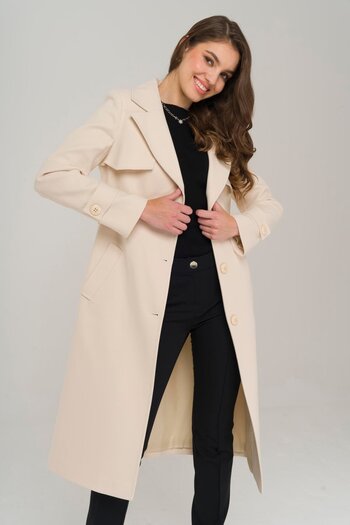 Olcay Cape Detailed Button Closure Belted Coat EKRU 3906