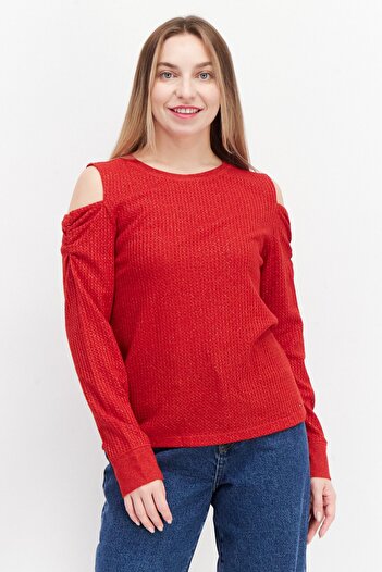Tommy Hilfiger Women Round Neck Cold Shoulder Metallic Blouse, Red