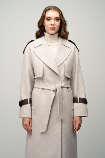 Olcay Beige Cashmere Coat - Real Leather with Accessories and Cape Detail 3031-K