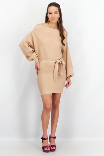 Forever 21 Women Textured Belted Mini Dress, Beige