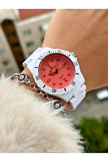 Belonni Brand Lightweight Plastic Band, White Color, Women's Wrist Watch + Bracelet