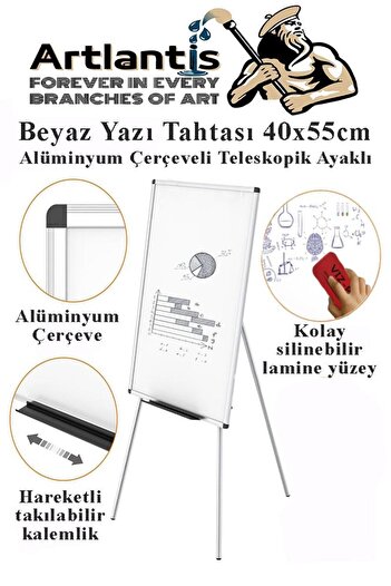 Artlantis Ayaklı Beyaz Yazı Tahtası 40x55 cm Teleskobik Ayaklı 1 Adet Alüminyum Kolay Silinebilir Ergomik Beya