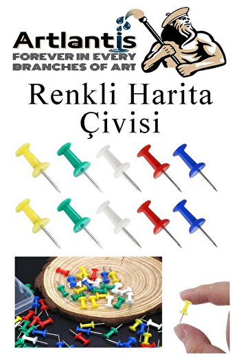 Artlantis Harita Çivisi Renkli 100 lü 1 Paket Renkli Mantar Pano Raptiyesi Pano İğnesi Ofis Okul Büro Renkli H