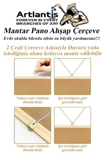 Artlantis Mantar Pano Ahşap Çerçeve 60x90 cm 1 Adet Harita Çivisi Hediyeli Duvara Monte Mantar Çerçeve Evde Ok
