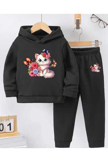 renkli diyar Long Sleeve Hooded Sweat and Pants Set for Girl - Nursery, Kindergarten, Primary School