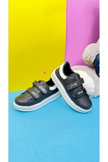 Nstil Daily Unisex Black and White Sneakers with Velcro Stitching Detail Thick Sole Comfortable Lightweight Sports Shoes 525Pf