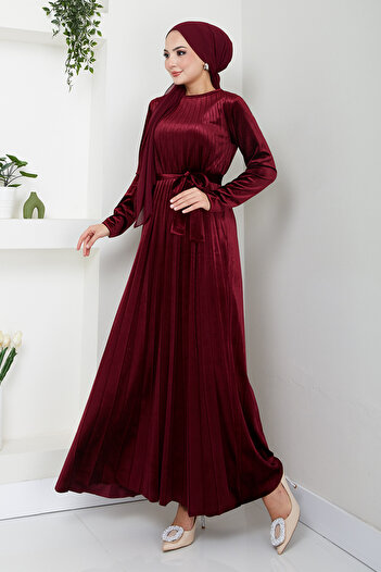 ModaMerve Burgundy Velvet Dress - Pleat Detail, 2012Efy931-M